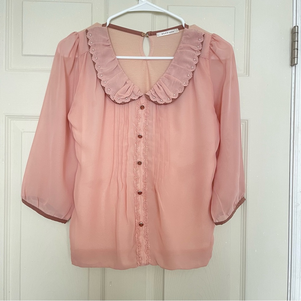 Axes Femme Pink Ruffled Peter Pan Collar Blouse